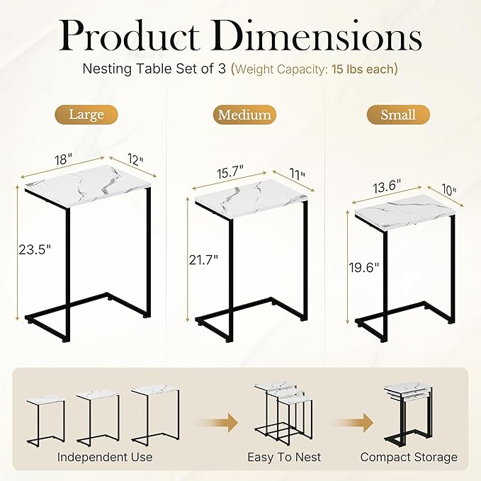 SUPER DEAL Nesting Tables Set of 3, Industrial C Shaped End Table Stackable