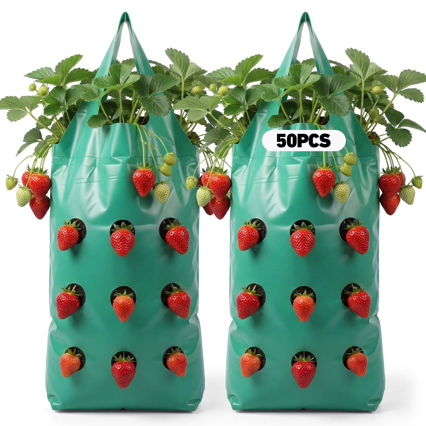 50 Pack Hanging Strawberry Planter Grow Bags, 9 Hole Plastic Hanging Vertical Planters, Upside Down Garden Bags with Reinforced Handles for Outdoor Wall Strawberries, Cherry, Tomatoes, Flowers, Tomato