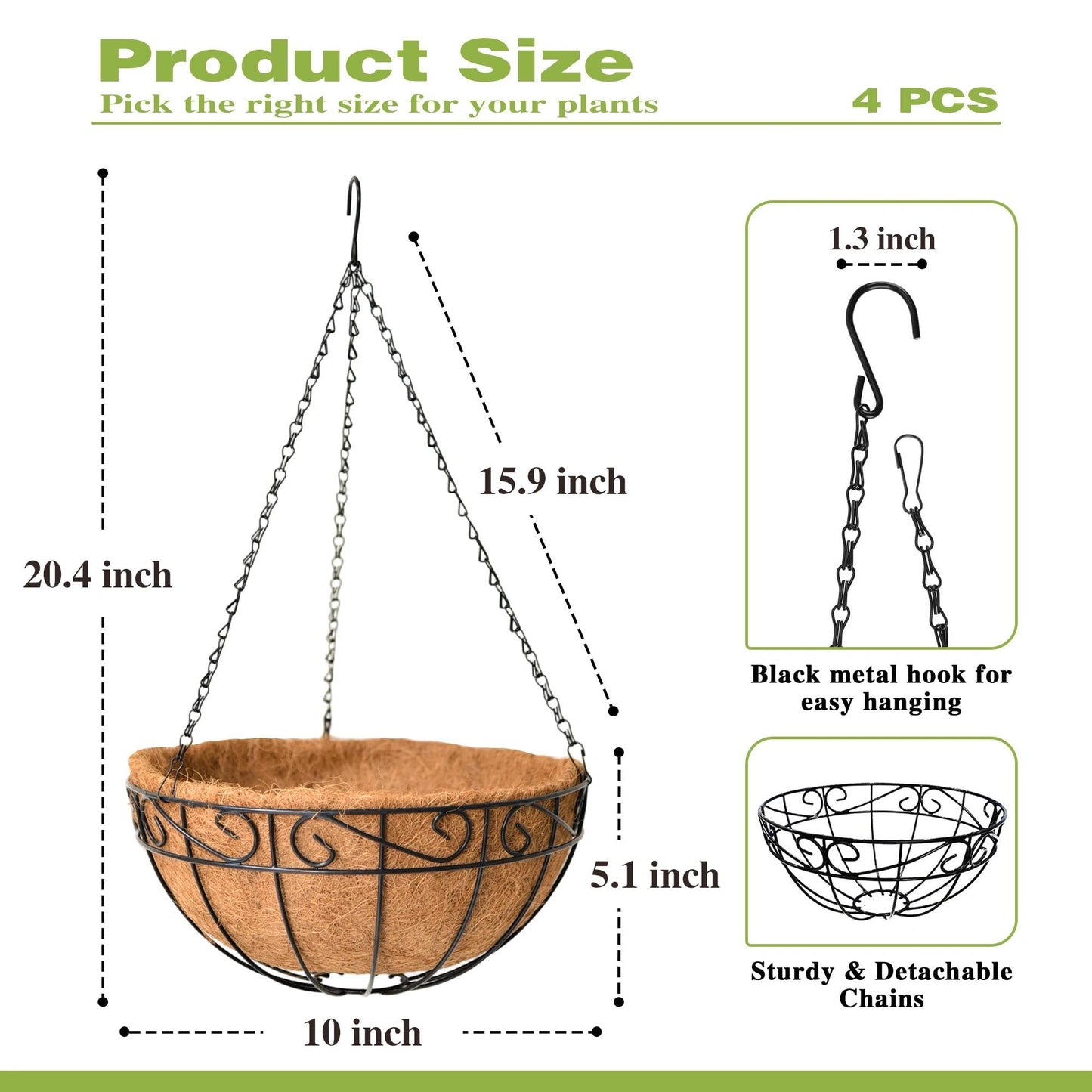Qusuxi 4 Pack 10 Inch Hanging Baskets for Plants Outdoor Metal Hanging Planter Hanging Flower Baskets with Coco Fiber Liners Chain Round Wire Plant Holder Hangings Flower Pots(Plaid)