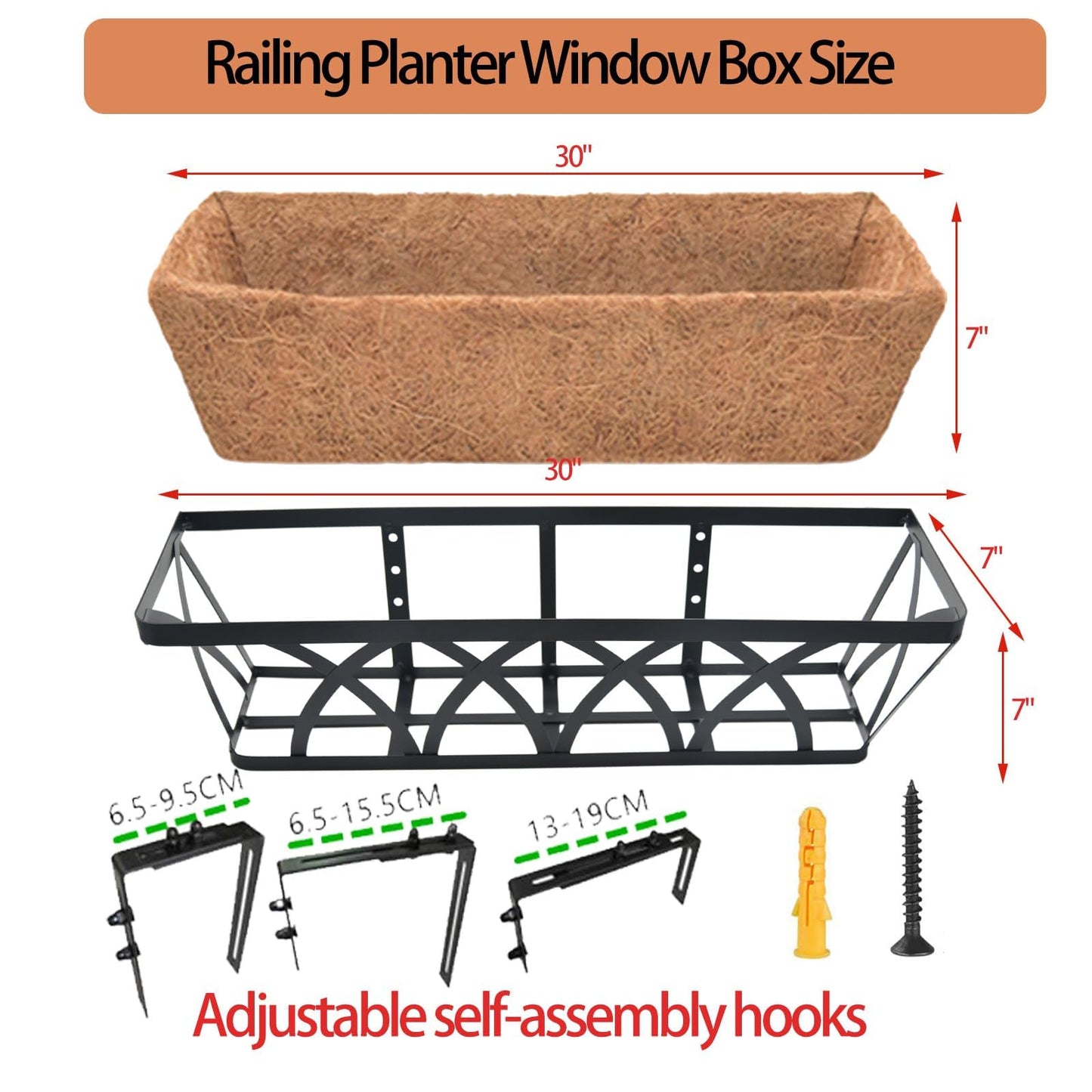 Flat Railing Planter Window Box Wall Hanging Planters (2 Pack, 30 Inch) Balcony Fence Planter with Coco Liner, Horse Trough Planter Metal Window Planter Box for Outdoor Plant Holder Rail Deck