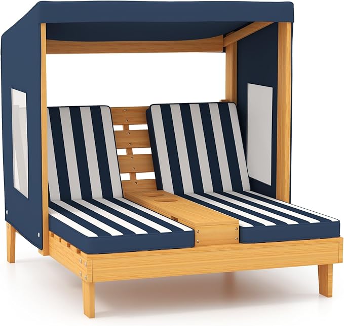 HONEY JOY Kids Chaise Lounge Chair Outdoor, Toddler Wood Double Pool Lounger