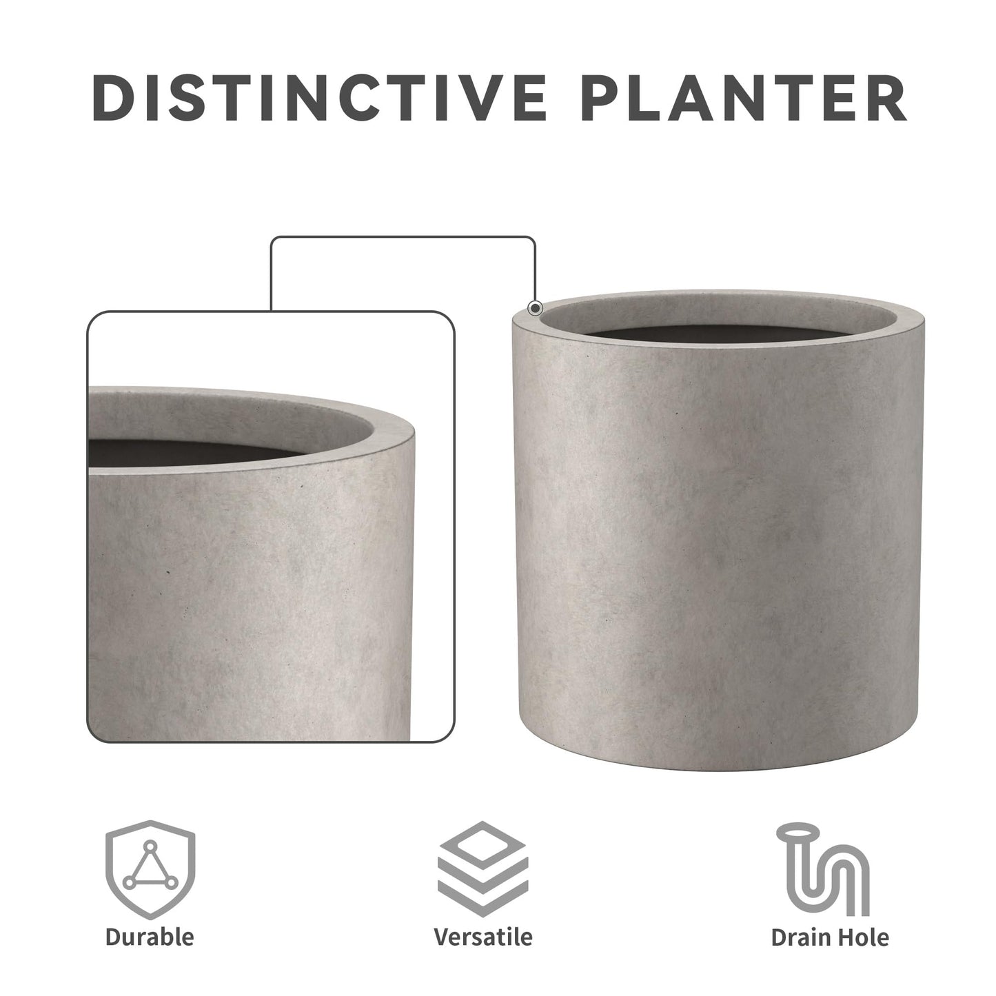 Kante 9.8" Dia Round Concrete Planter, Modern Style Large Cylindrical Plant Pot with Drainage Hole and Rubber Plug for Indoor Outdoor Patio, Weathered Concrete