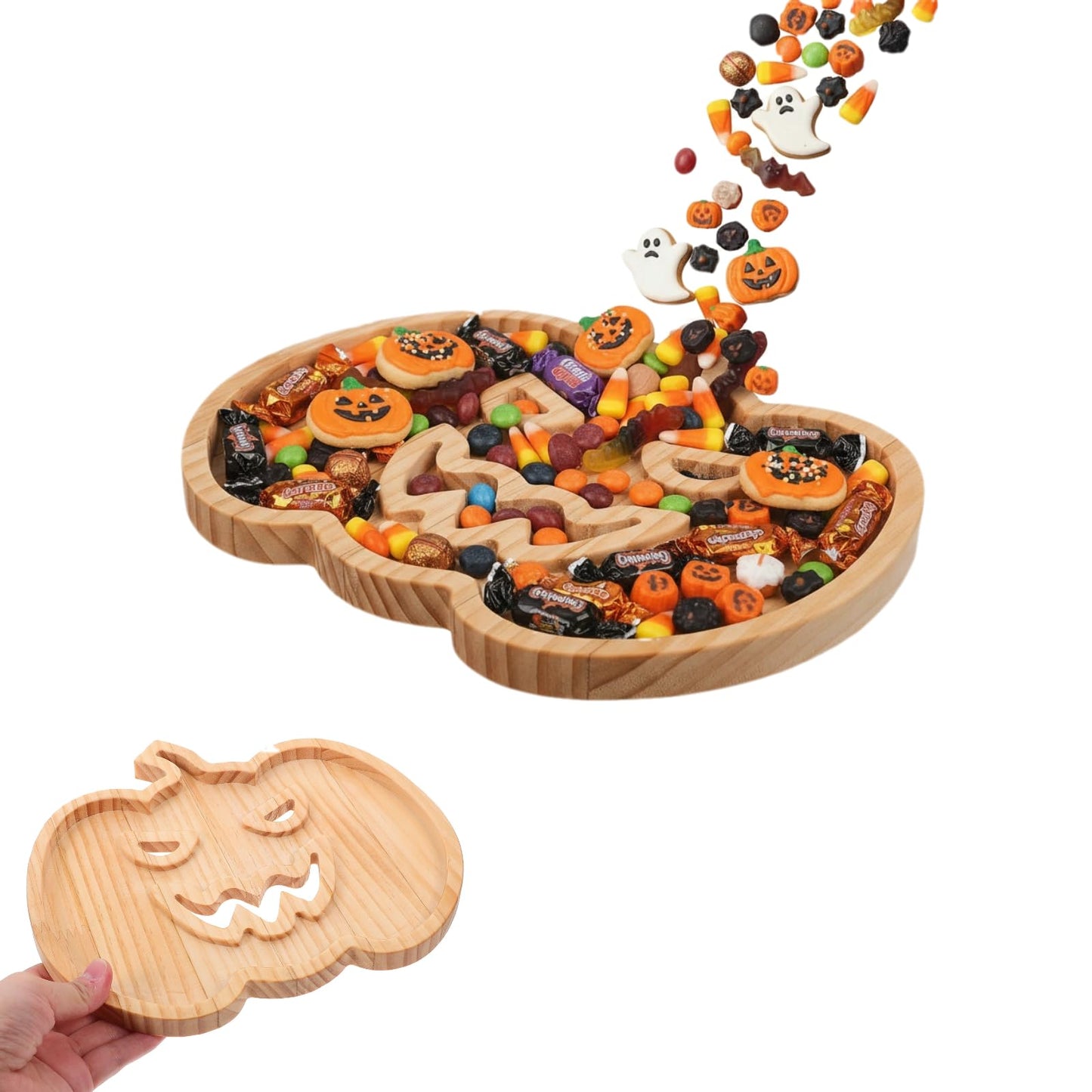Healifty Halloween Pumpkin Snack Tray Wooden Serving Plate 9.37X8.14 Inch Seasonal Dessert Fruit Candy Appetizer Tray for Kitchen Dining