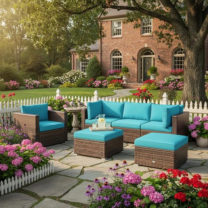 Tangkula 6 Pieces Wicker Patio Furniture Set, PE Rattan Outdoor Sectional