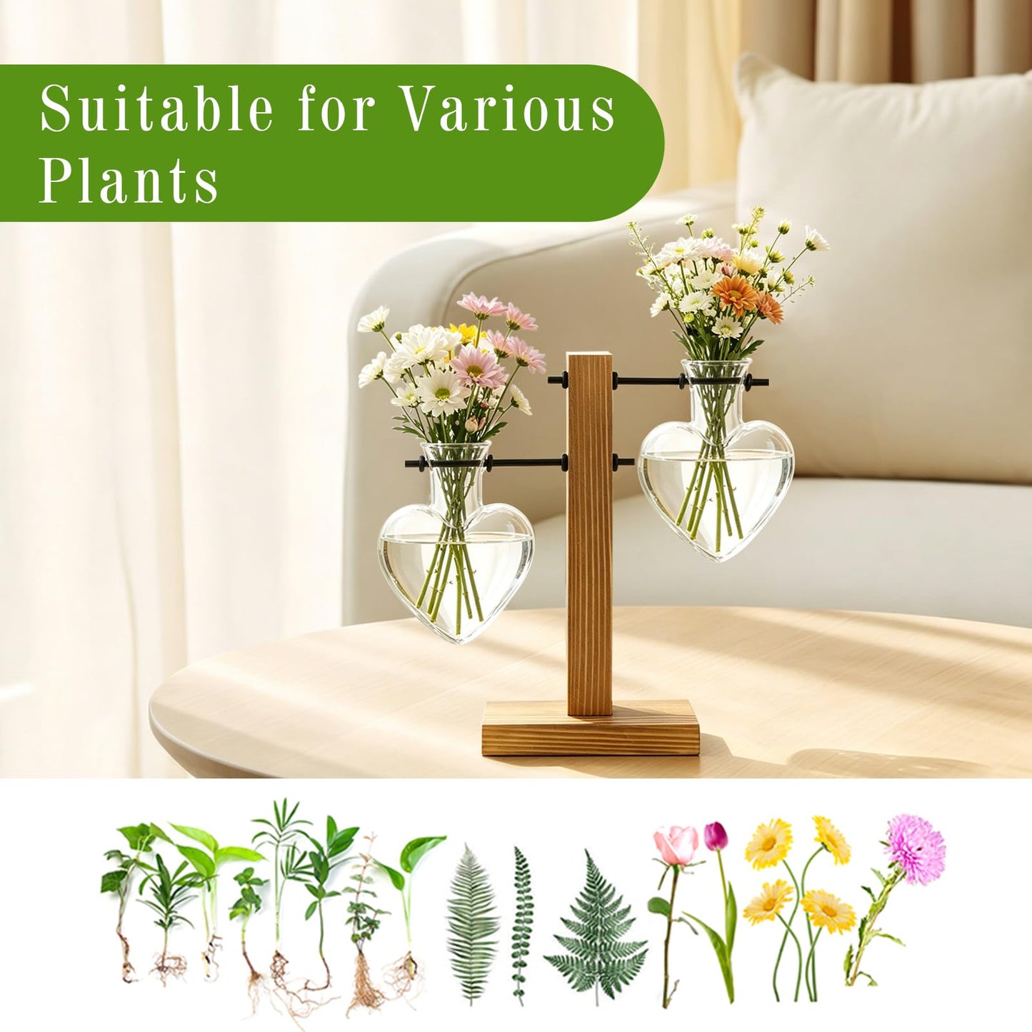 XXXFLOWER Plant Terrarium Wooden Stand, Hydroponic Planter Bulb Glass Metal Swivel Holder Retro Air Plants Water Plants for Home Office Decoration,Gifts for Plant Lover Wife Mom- 2 Love Bulb Vase