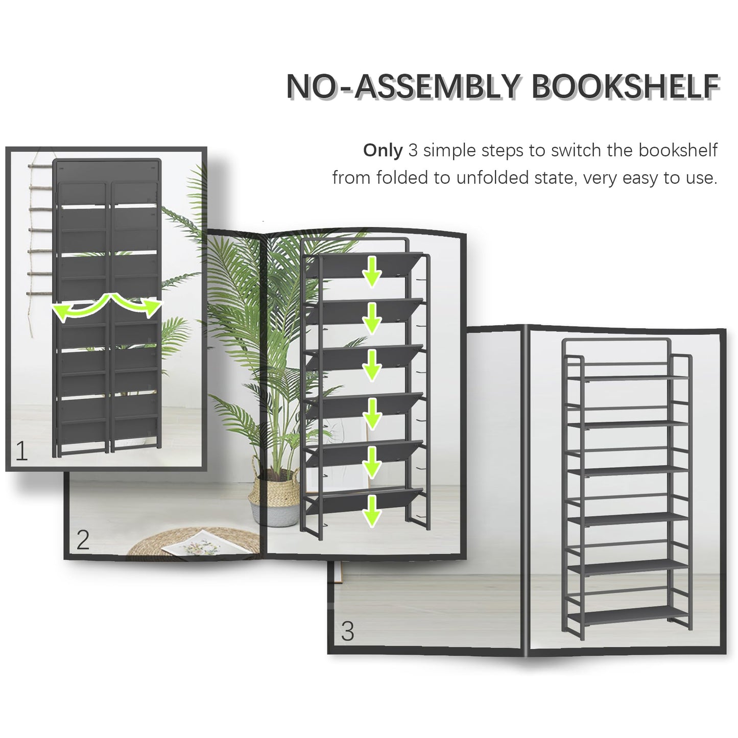 4NM No Assembly 6 Tiers Folding Bookshelf Storage Shelves Vintage Bookcase Standing Racks Study Organizer Home Office (All Black)