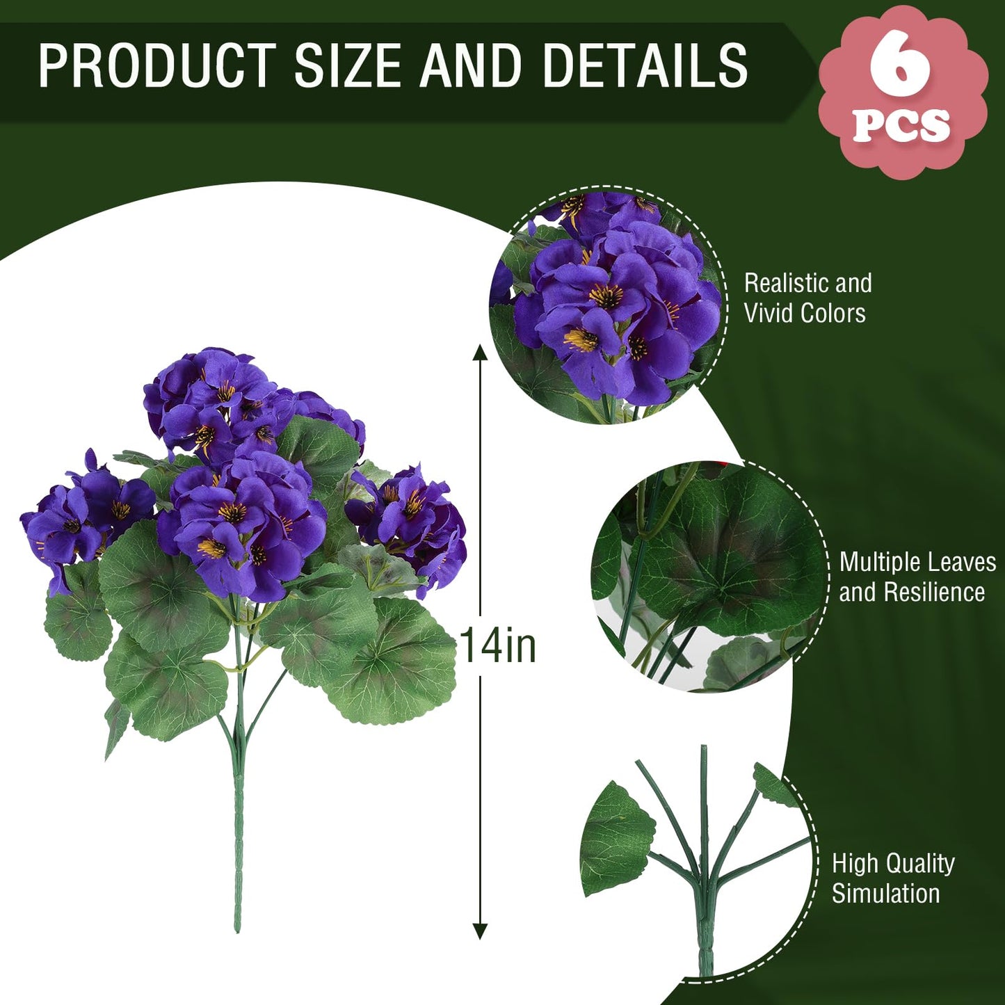 Hananona Artificial Geranium Flowers for Outdoors Geranium Silk Flowers Outdoor UV Resistant Garden Plants Faux Flowers for Home Kitchen Table Centerpieces Decor (6, Purple)