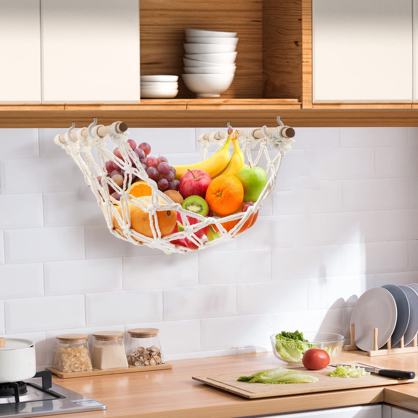 Motarna Hanging Fruit Hammock with Hooks, Hanging Fruit Basket Under the Kitchen Cabinet for Storing Banana Fruits, Hand-Woven Hanging Basket, Valentine's Gifts for Kitchen Décor, Rectangle
