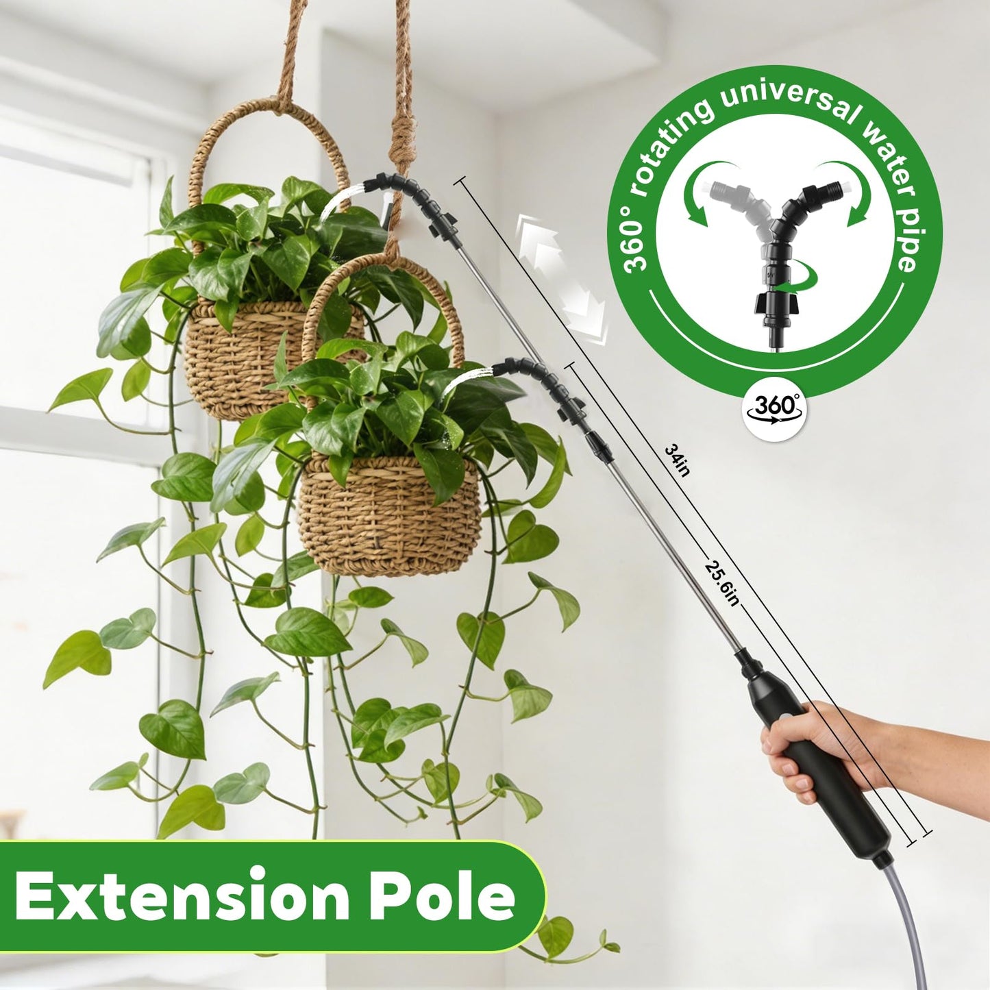 Electric High Reach Plant Waterer - Type C Wireless Hanging Plant Waterer, Battery Powered Sprayer Wand with Stainless Steel Telescopic (25.6"-34"), Indoor Watering Devices