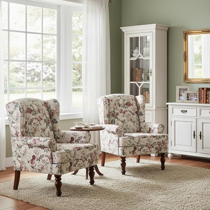 HUIMO Printed Wingback Accent Chair, Linen Upholstered High Back Armchair