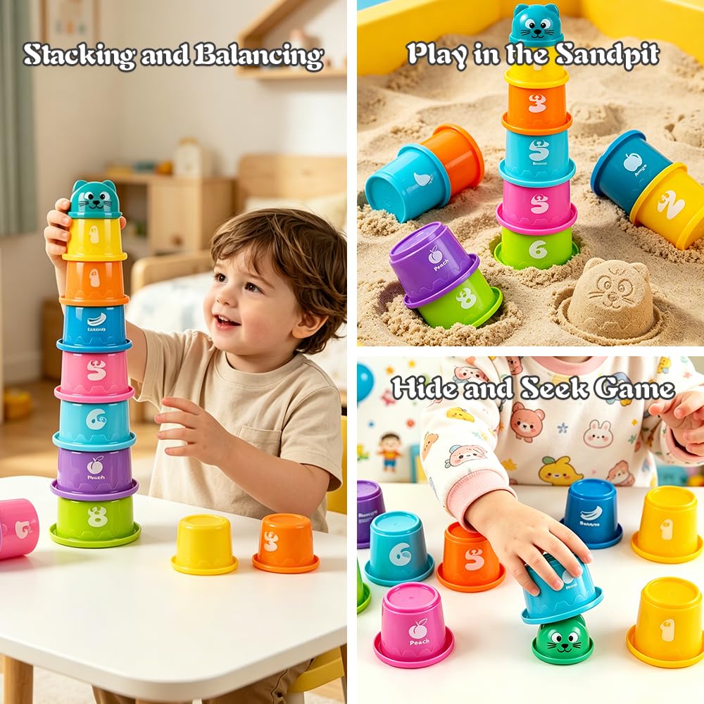 Caiery 4 in1 Montessori Toys for 1 Year Old,17 Pcs Boys Girls 1st Birthday Gifts, Stacking Cups,Shape Sorter,Multi Sensory Shapes for Babies Early Educational Baby Travel Toys for Toddler 6-12 Months