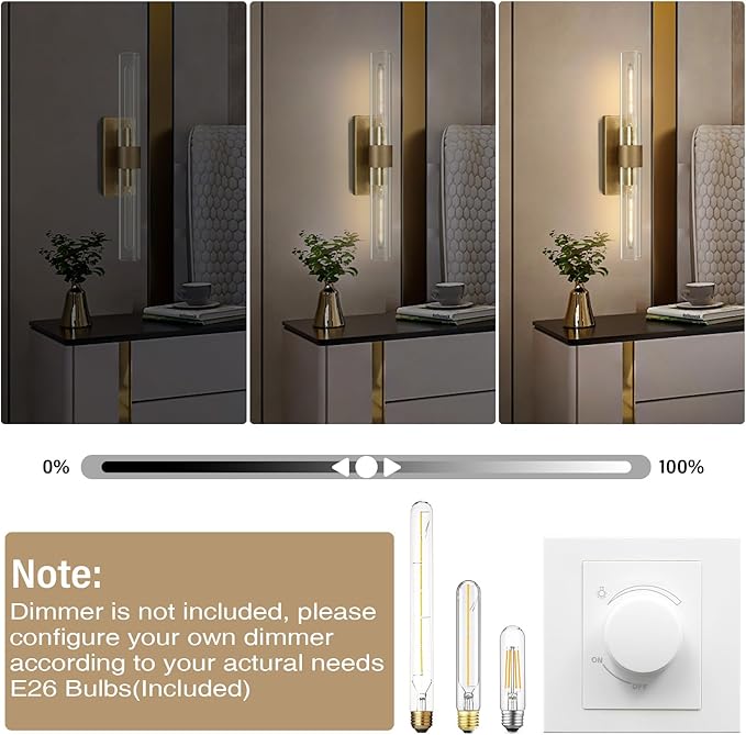 Wall Sconces Set of Two, Gold Bathroom Sconces Wall Lighting with Clear Glass, Modern Sconces Wall Decor Light Fixtures for Bathroom Mirror Living Room Hallway Bedroom