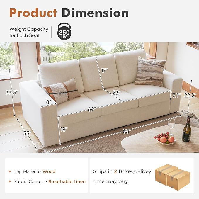 ABCASA 85'' Modern Couches for Living Room, 3 Seater Comfy Sofa