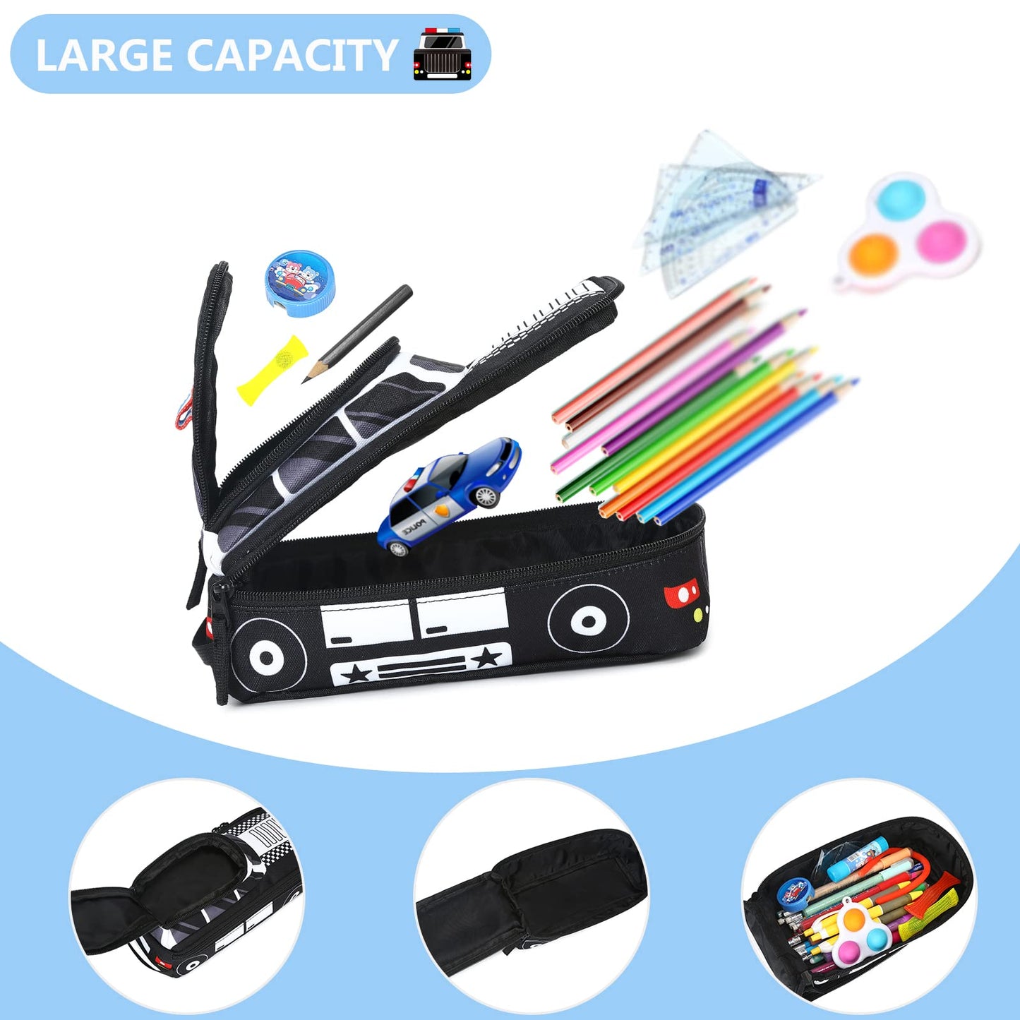LEDAOU Cute Pencil Case for Kids Girls Boys Pencil Pouch kawaii Pen Pencil Box Bag Holder for School Students (Police Car)