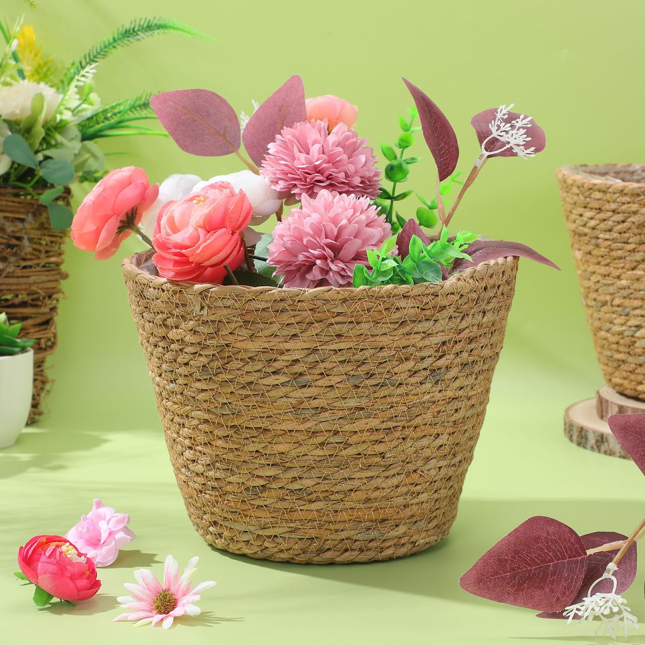 Wicker Planter Baskets with Plastic Liner: 2Pcs Round Seagrass Planter Storage Baskets, Straw Woven Rattan Flower Plants Pot Covers for Indoor Outdoor, Rustic Boho Farmhouse Decor 9 X 9 X 6.5''