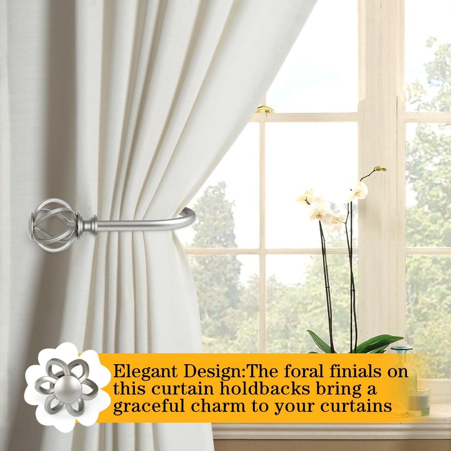 USFOOK 2 Pack Curtain Holdbacks, Decorative Window Drapery Tiebacks (2 Pack/1 Pair), Curtain Tie Back Hooks for Wall with Antique Silver Twisted Cage Finials (3.45" L x 5.35" W)