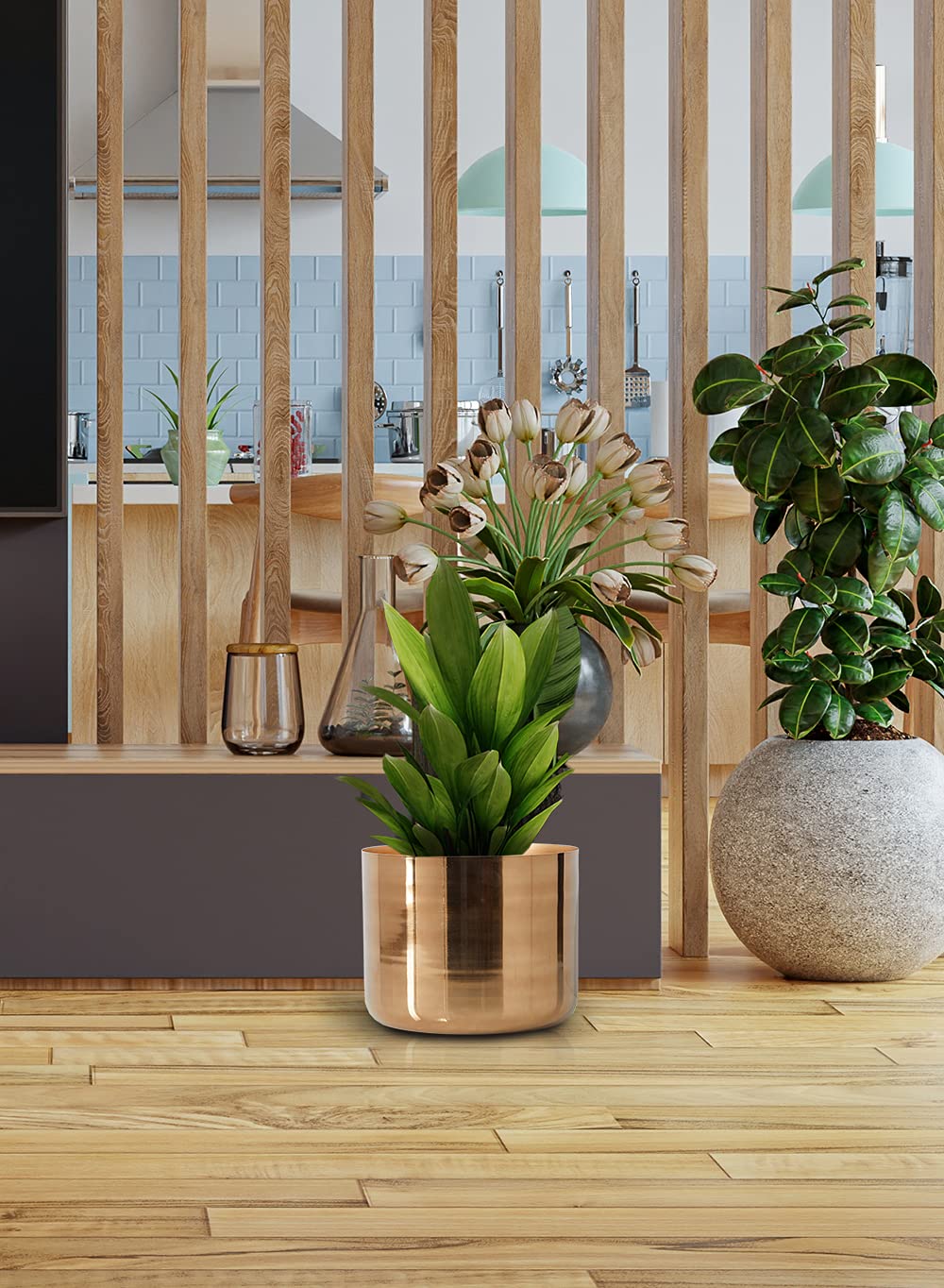 Serene Spaces Living Gold-Finish Metal Indoor Vase, Round Cachepot for Potted Plants, No Drainage Hole, Elegant Floor Planter for Living Room, Office, Kitchen, Wedding, Party, 11" Dia & 9" Tall