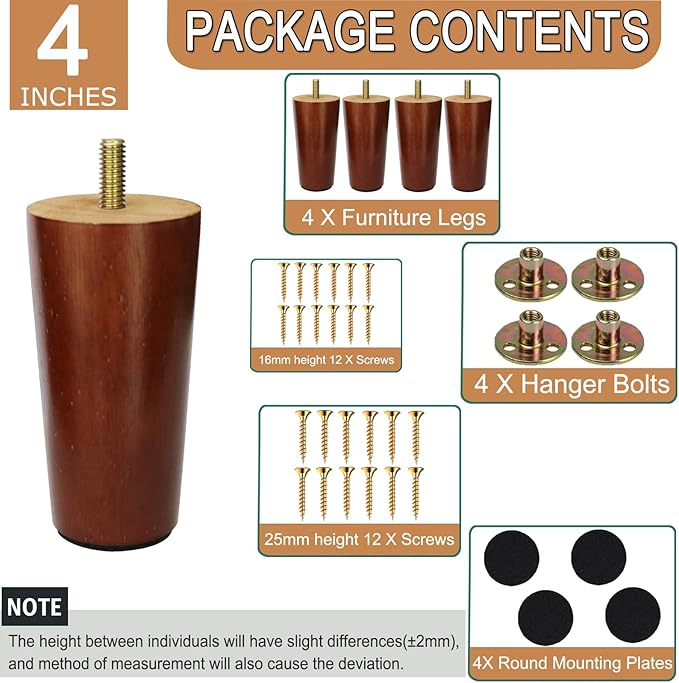 Yaliuliu 4 Inches Round Solid Wood Furniture Legs Set of 4, TV Stand, Ottoman