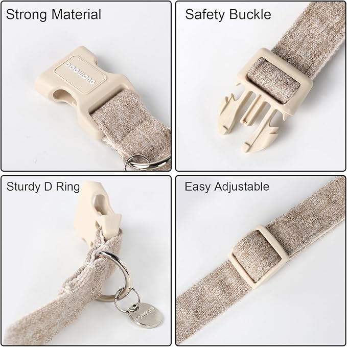 DOGWONG Cotton Hemp Dog Collar, Heavy-Duty Khaki Dog Collar Adjustable Soft Natural Fabric Pet Cute Wedding Puppy Necklace for Small Dogs"