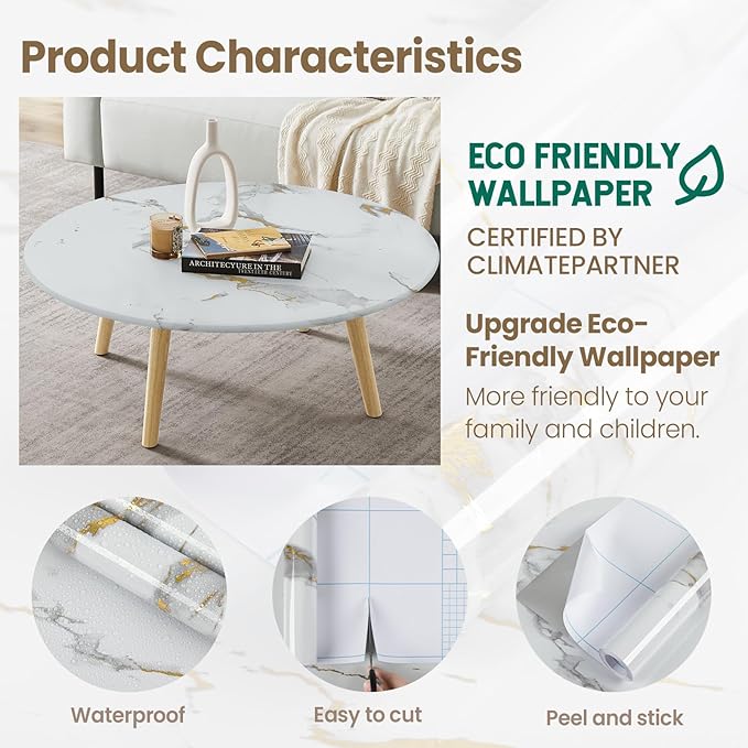 practicalWs Glossy Marble Wallpaper Peel and Stick White/Gold Granite Contact