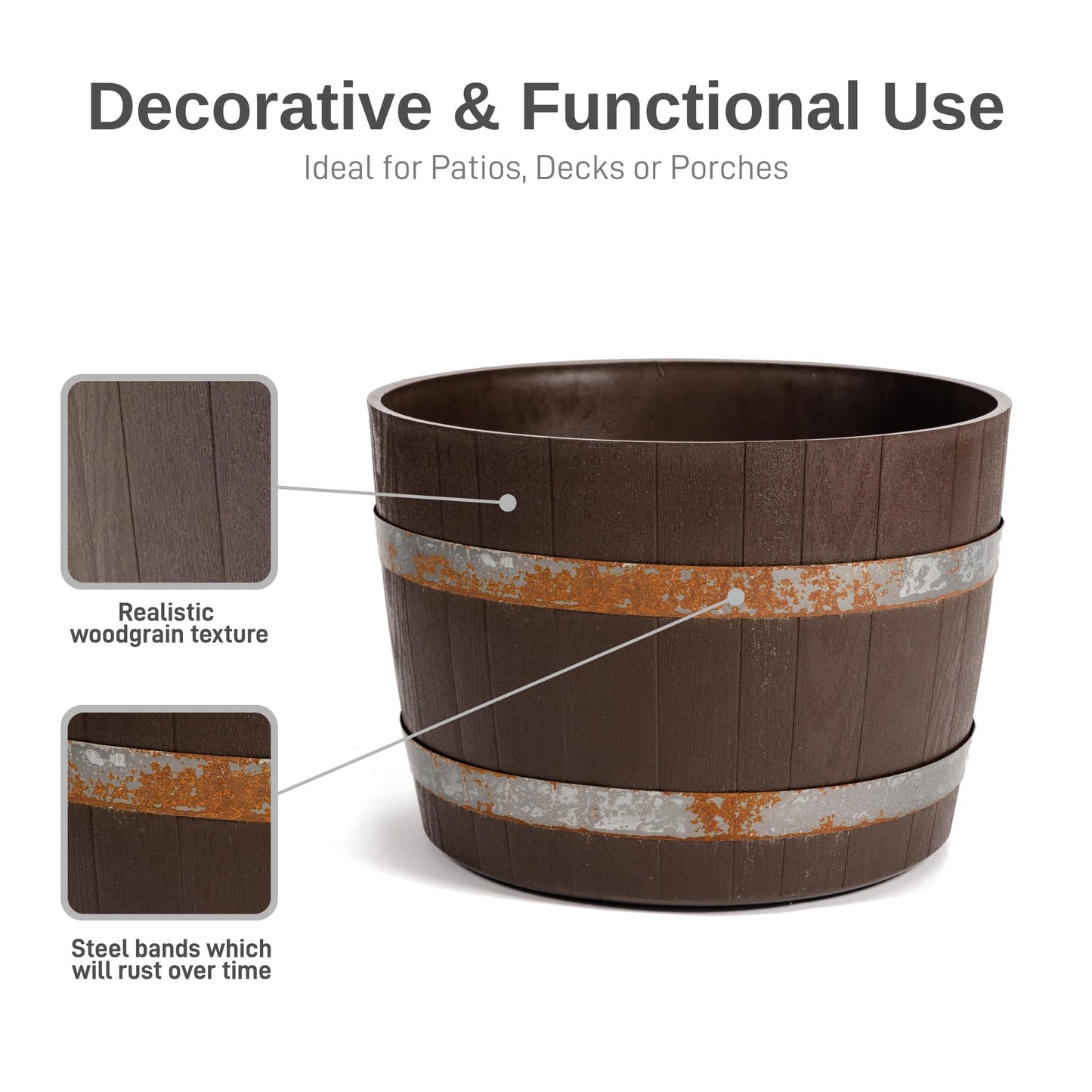 RTS Home Accents Better Barrel Heavy Duty 24” Planter with Rusting Steel Bands, Walnut Color