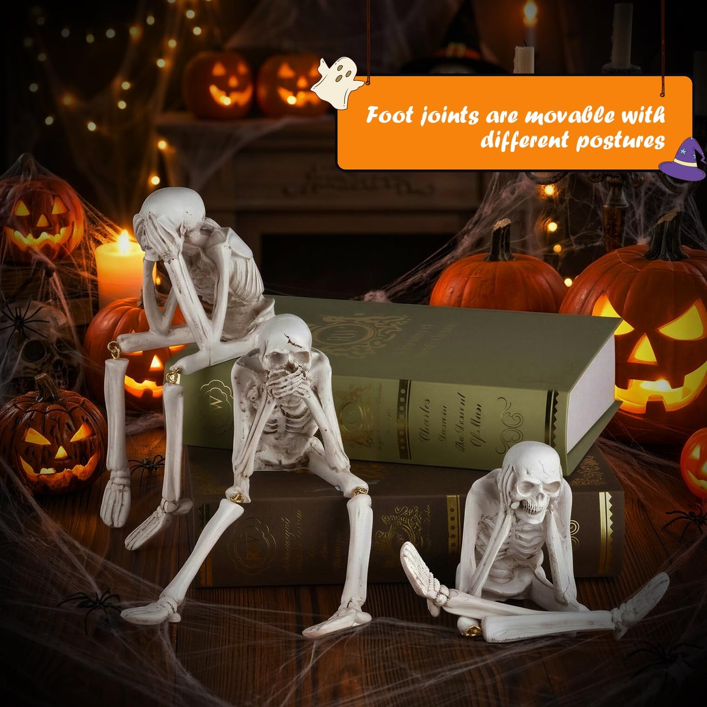 Zalovvi Halloween Skeleton Decor, See No Evil Hear No Evil Speak No Evil Statues Set of 3, Resin Skull Figurines for Home Mantel Living Room Office, Halloween Decorations Gift (Halloween)