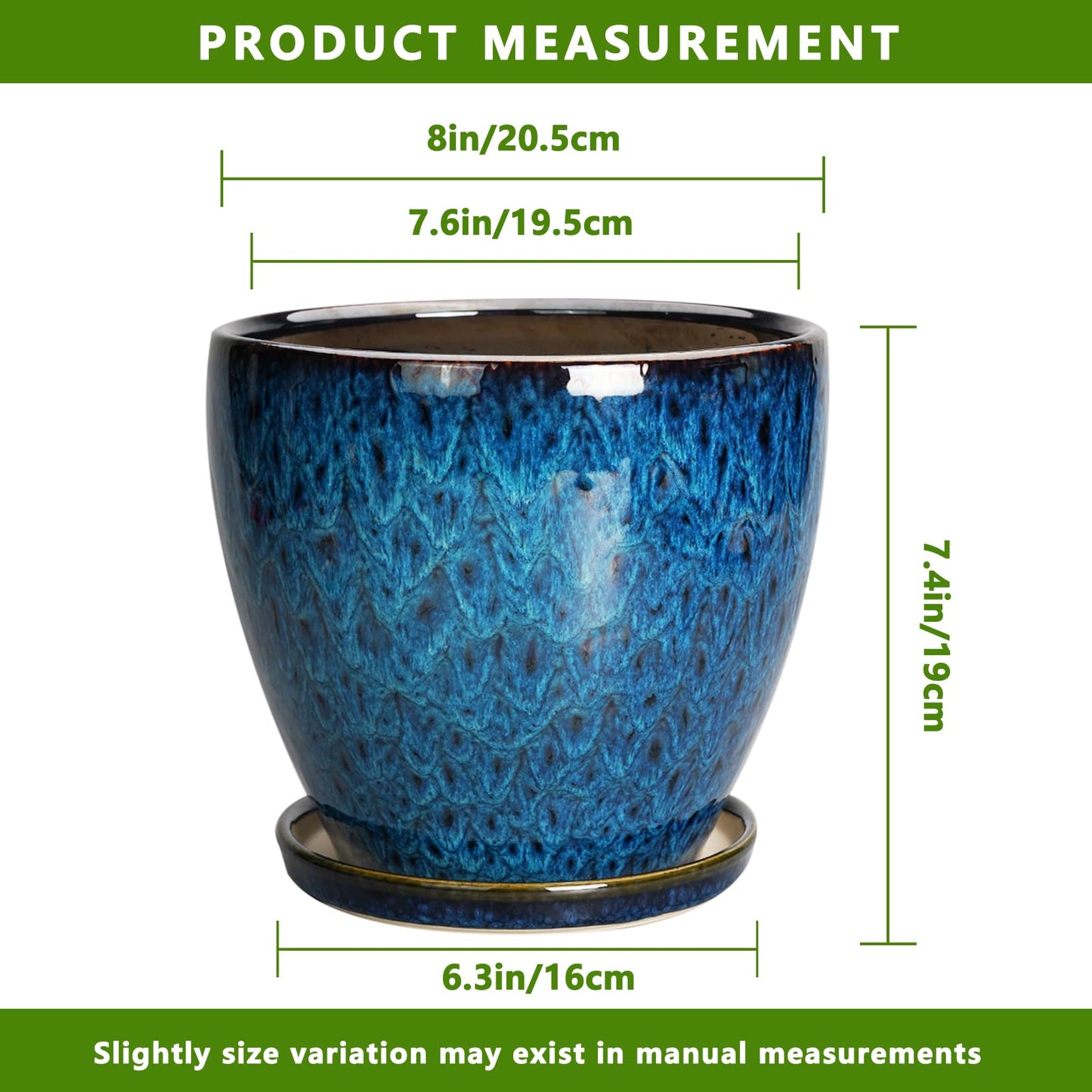 EPFamily 8 Inch Ceramic Planter Pot with Drainage Hole and Saucer, Ceraimc Plant Pot Round Flower Pot for Indoor Plants Outdoor Garden Planter, Blue