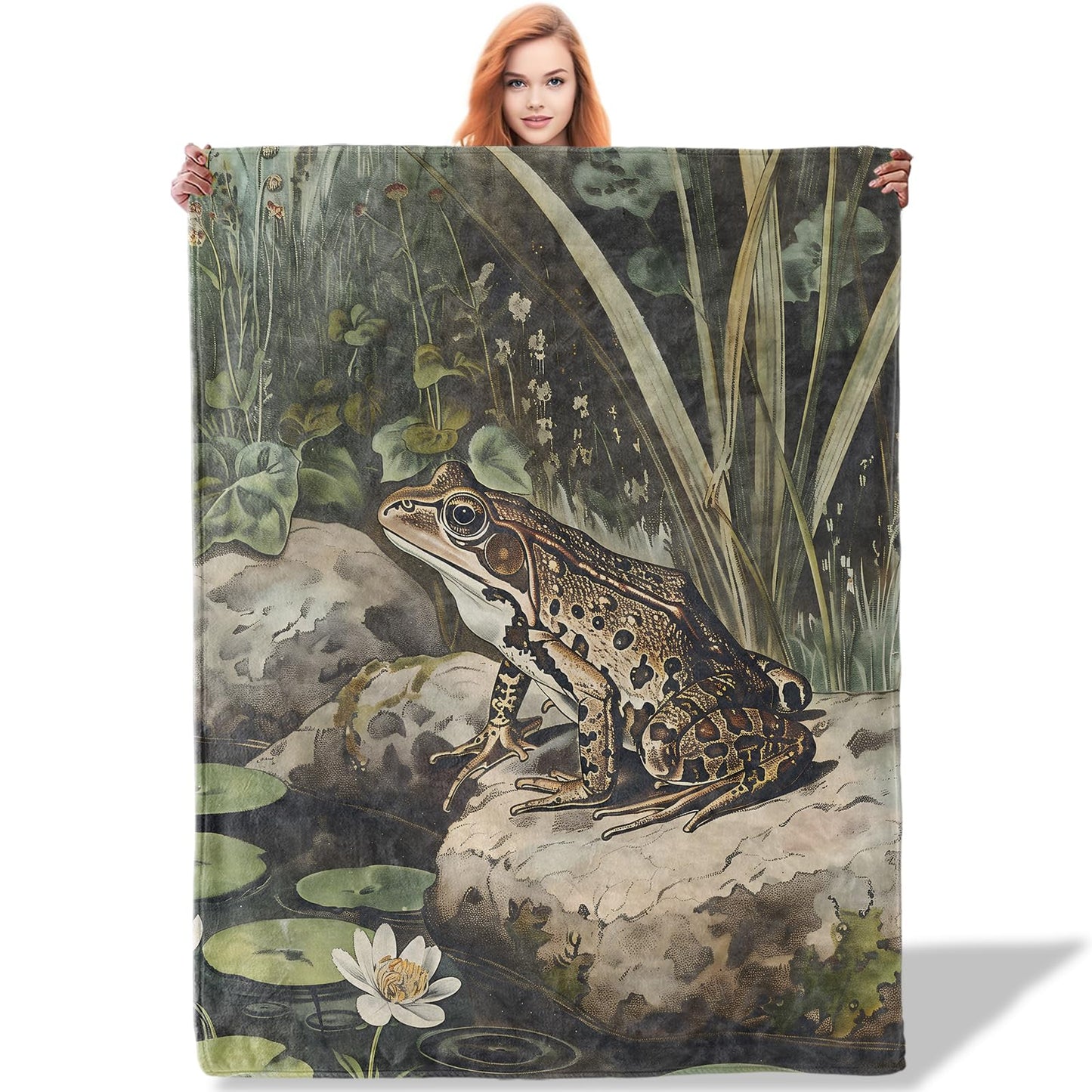 Plistiz Frog Pattern Throw Blanket 50"x60", Frog Blankets for Bedroom Decor, Cozy Flannel Polyester Frog Gifts for Women Nature Lovers