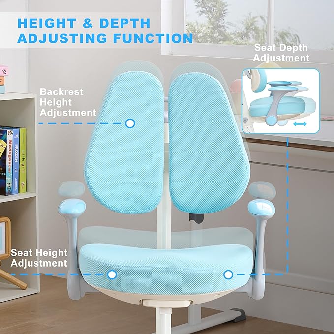 ERIYA Kids Desk Chair, Ergonomic Chair: Height-Adjustable, Double Back Support