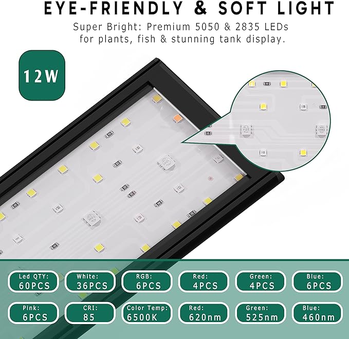 24/7 LED Aquarium Light for 12-18 Inch Plant & Fish Tank IP68, 12-Color & Gradient & Full Spectrum with Sunrise-Daylight-Moonlight, Auto On/Off, Brightness, Extendable Brackets for Freshwater