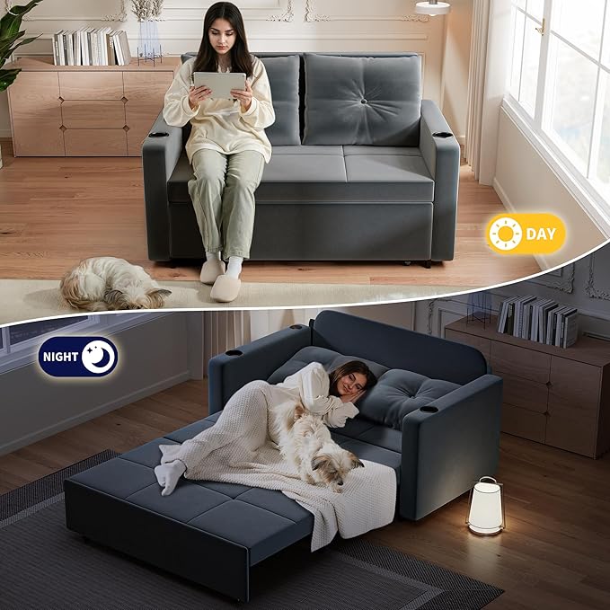 Krcix 3 in 1 Pull Out Couch, 56 Inch Velvet Sofa Bed, Convertible Sleeper Sofa