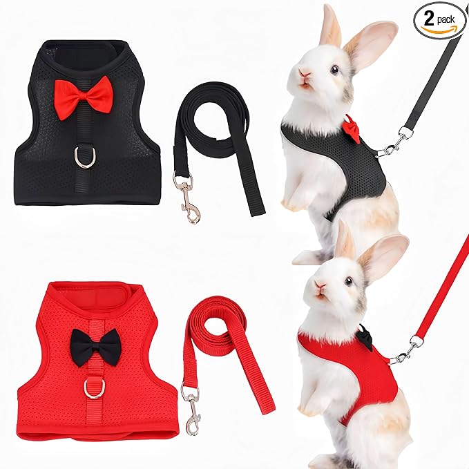2 Pack Adjustable Bunny Rabbit Harness and Leash Set Breathable Mesh Vest Harness for Rabbits Kitten Ferret Puppy Small Pets Walking Supplies-Red&Black,S
