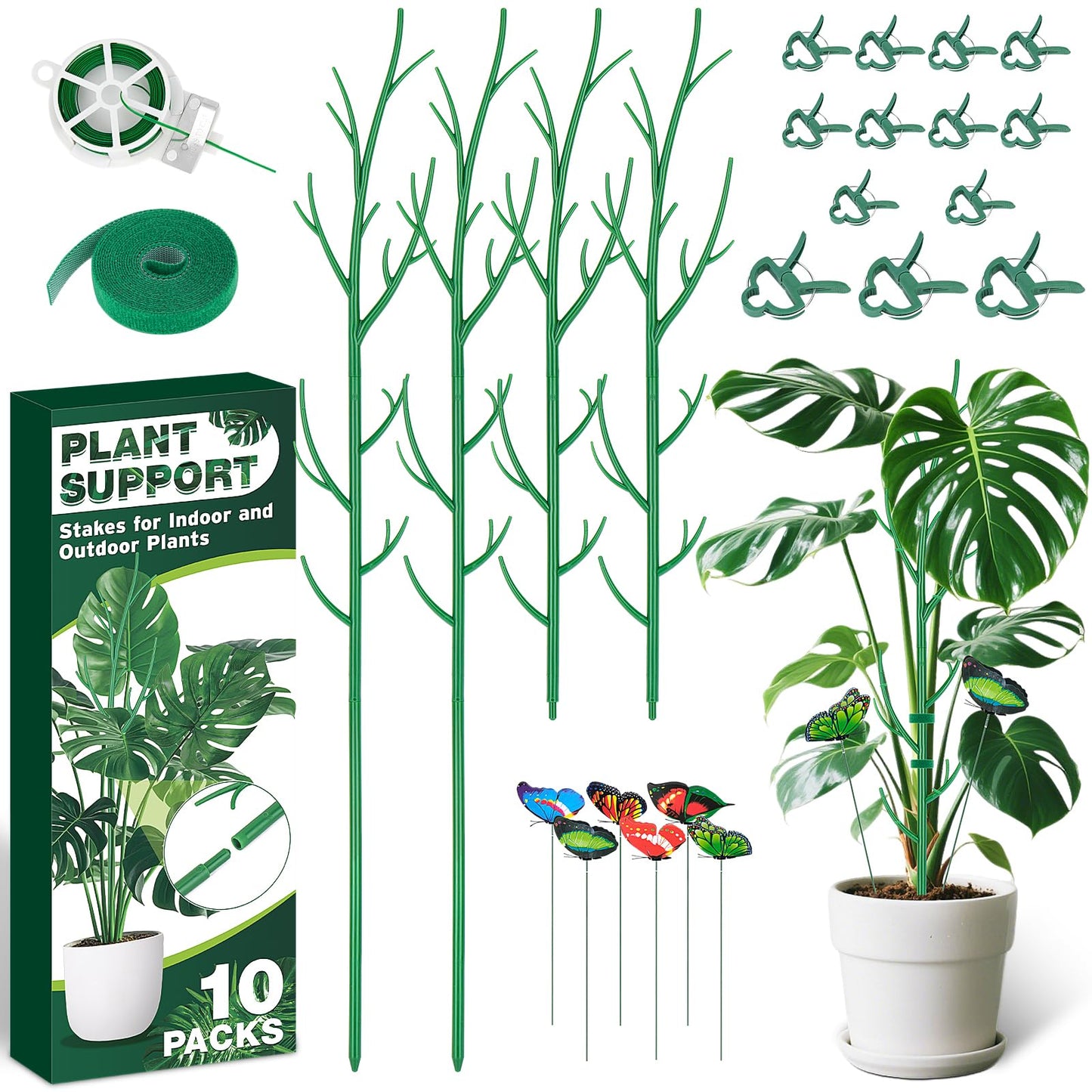 Dreamtop Stackable Monstera Plant Support Stakes 10 Pack Climbing Plant Support Structures，39.37'' Plant Support Stakes with Plant Clips Twist Ties for Monstera，Pothos，Indoor & Outdoor Plants