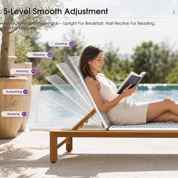 PURPLE LEAF Patio Chaise Lounge French Outdoor Lounger 1 Piece Matte Teak Grain
