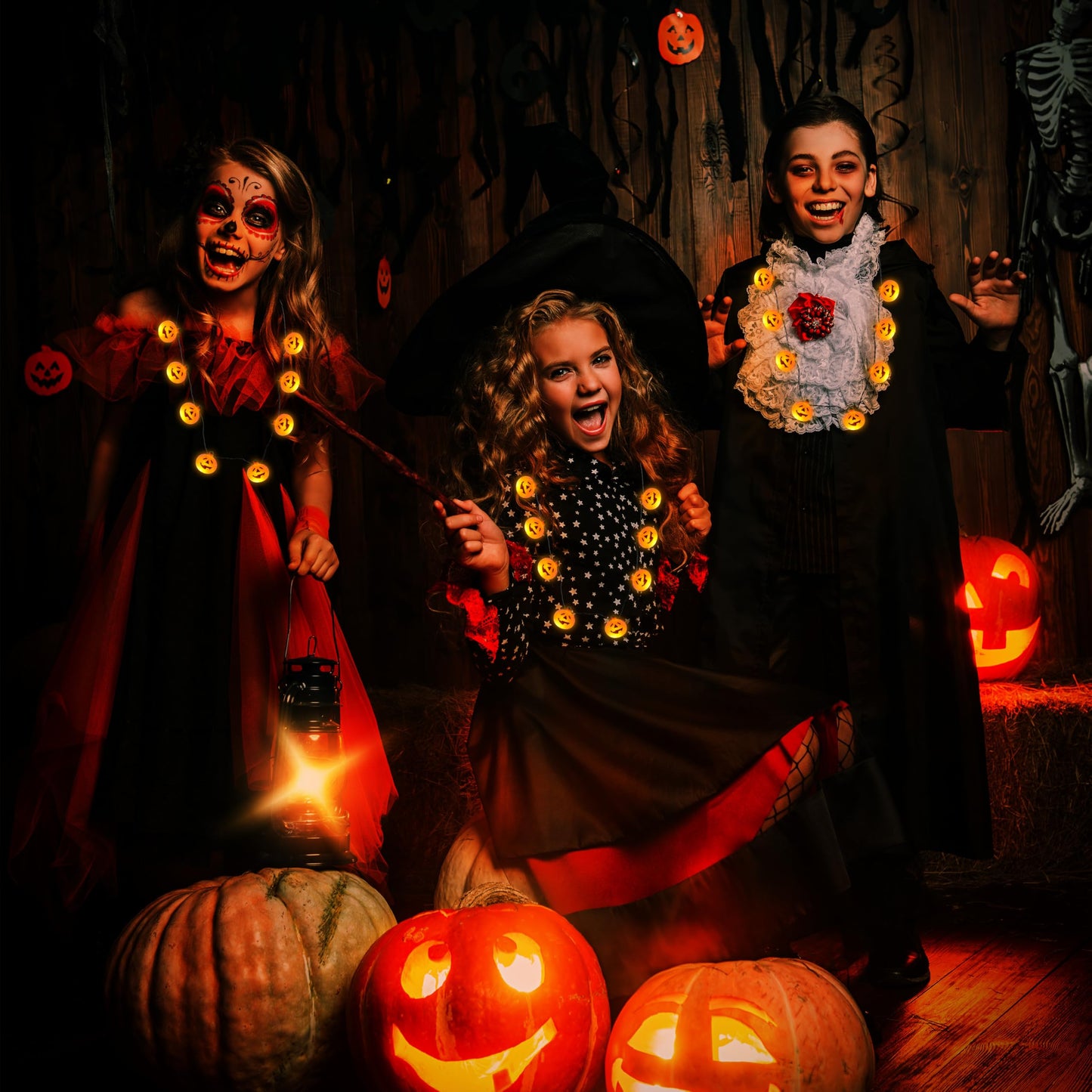 JOYIN 3 Pcs Halloween LED Necklace Pumpkin Shaped Jack o' Lantern Glowing Necklaces for Halloween Party Favor and Supplies, Party Costume Accessory Supplies