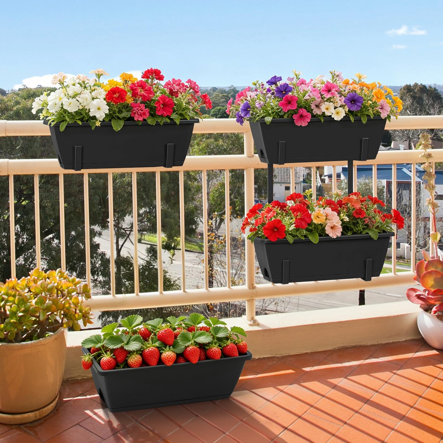 Railing Planter Box 2 Tier Window Boxes Planters Set of 2 with 4 Pack Flower Boxes 16.9 Inch Deck Railing Planter with Adjustable Brackets Black Balcony Fence Hanging Planters for Outdoor Porch Patio