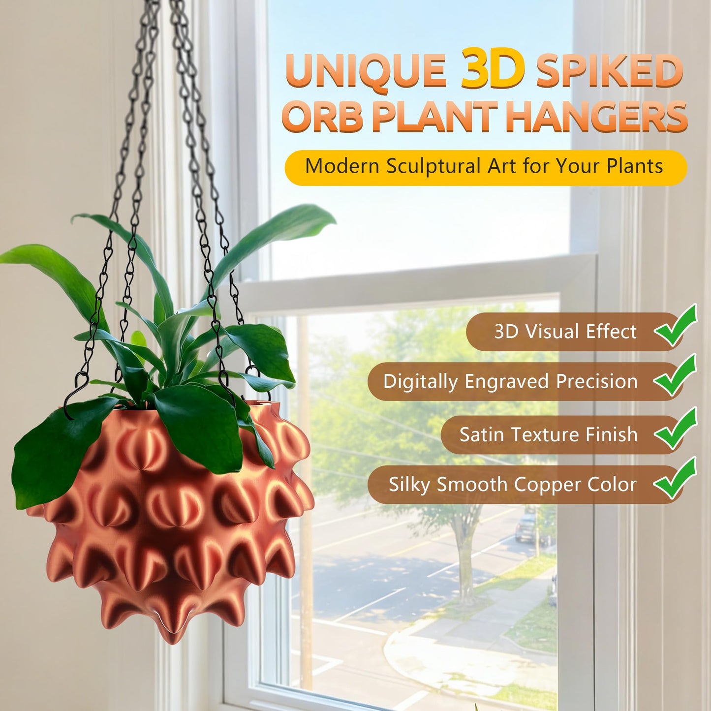 Enhon 6 Inch Hanging Planters for Indoor Plants, Unique Hanging Pots for Plants with Drainage and Hanger Baskets Hangers, Spiked Orb Plant Hanger, Silky Copper Finish