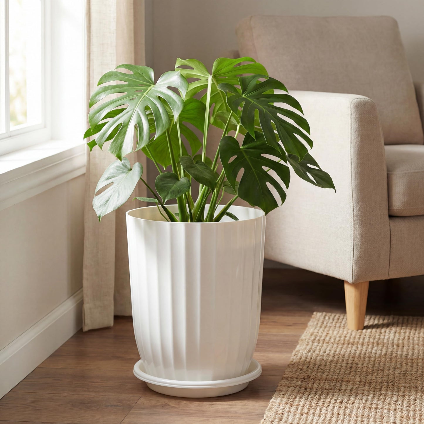 Briwooody 2 Pcs Tall Planter 12.6" Large Round Plastic Plant Pots with Drainage Hole and Tray White Modern Planter for Indoor Outdoor Plants Home Office Kitchen Bedroom Living Room Porch Patio Decor