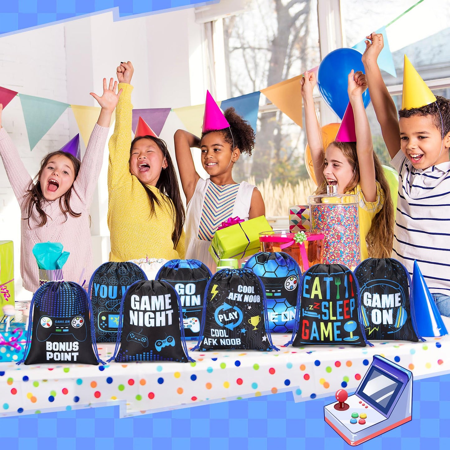 Faccito 16 Pieces Video Game Party Favors Bags 7 x 9.8 Inch Gaming Party Drawstring Bags Bulk Game Theme Goodie Candy Treat Gift for Boys Girls Birthday Supplies, 8 Styles(Blue)