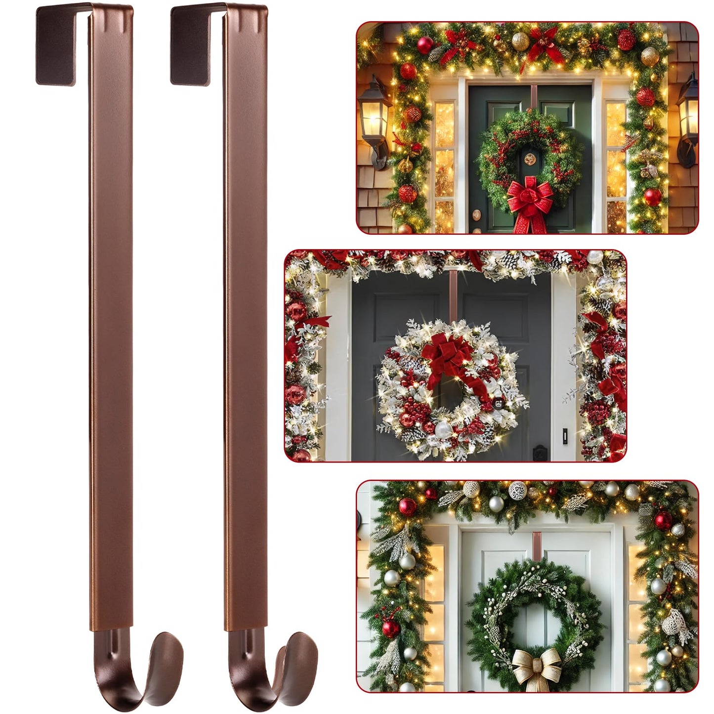 2 Pack Wreath Hanger for Front Door, 20 lbs Christmas Wreath Door Hanger, Non Scratch Over the Door Hooks for Xmas Easter Halloween Fall Wreaths Décor Welcome Sign, Adjustable from 15 to 25 in Hangers