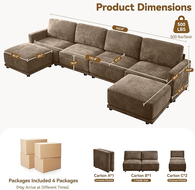 143.8" Modular U Shaped Sofa, Oversized Sectional Cloud Couch, 6 Seater Deep
