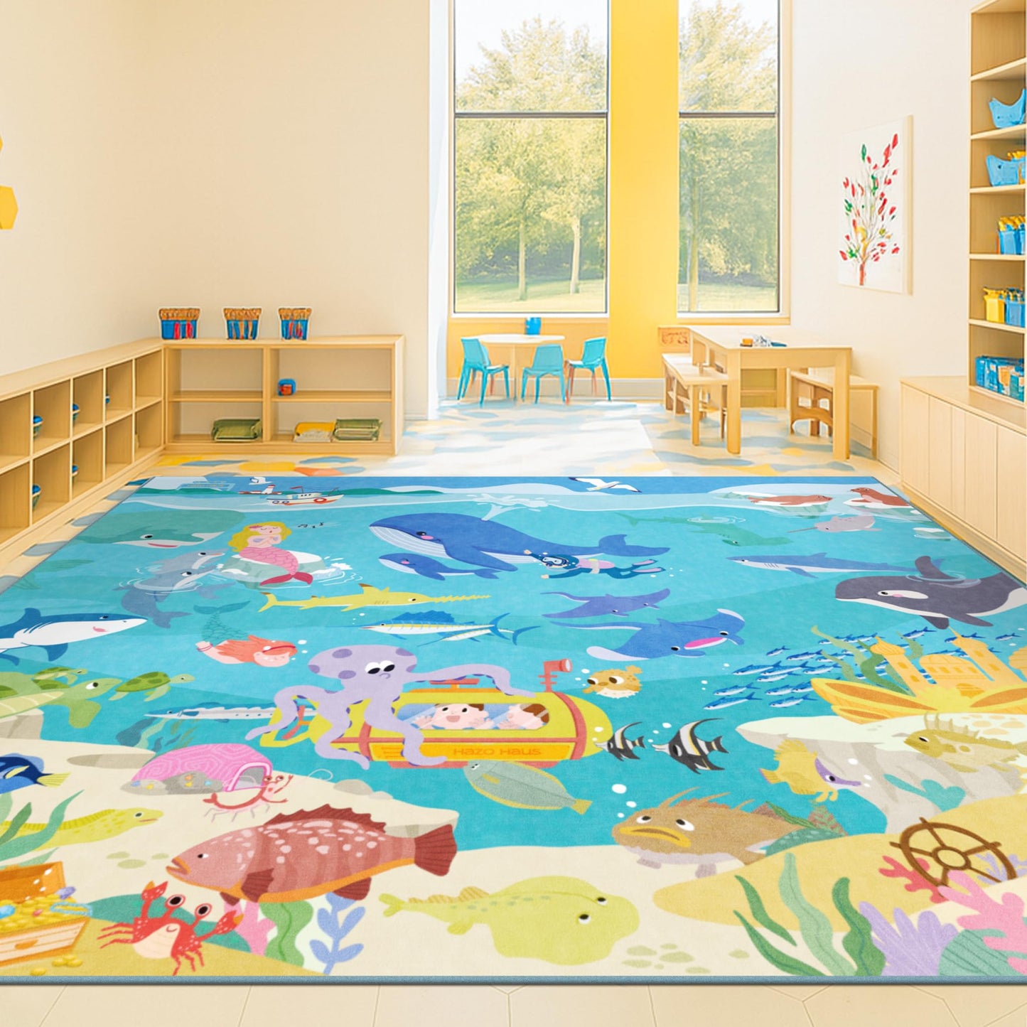 Ocean Themed Rug for Kids Room – 6x9 Blue Rug for Kids Room, Sea Creatures & Mermaid, Fish, Washable Non Slip Soft Carpet for Classroom, Bedroom or Playroom