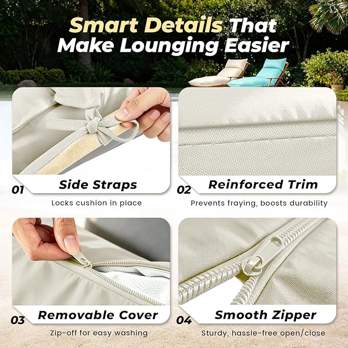 Outdoor Chaise Lounge Chair Cushion, Waterproof Non-Slip Patio Chaise Lounge