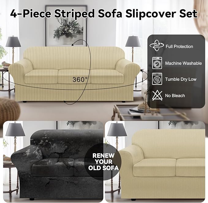 100% WaterproofCouch Cover 4-Piece Set Striped Sofa Slipcovers