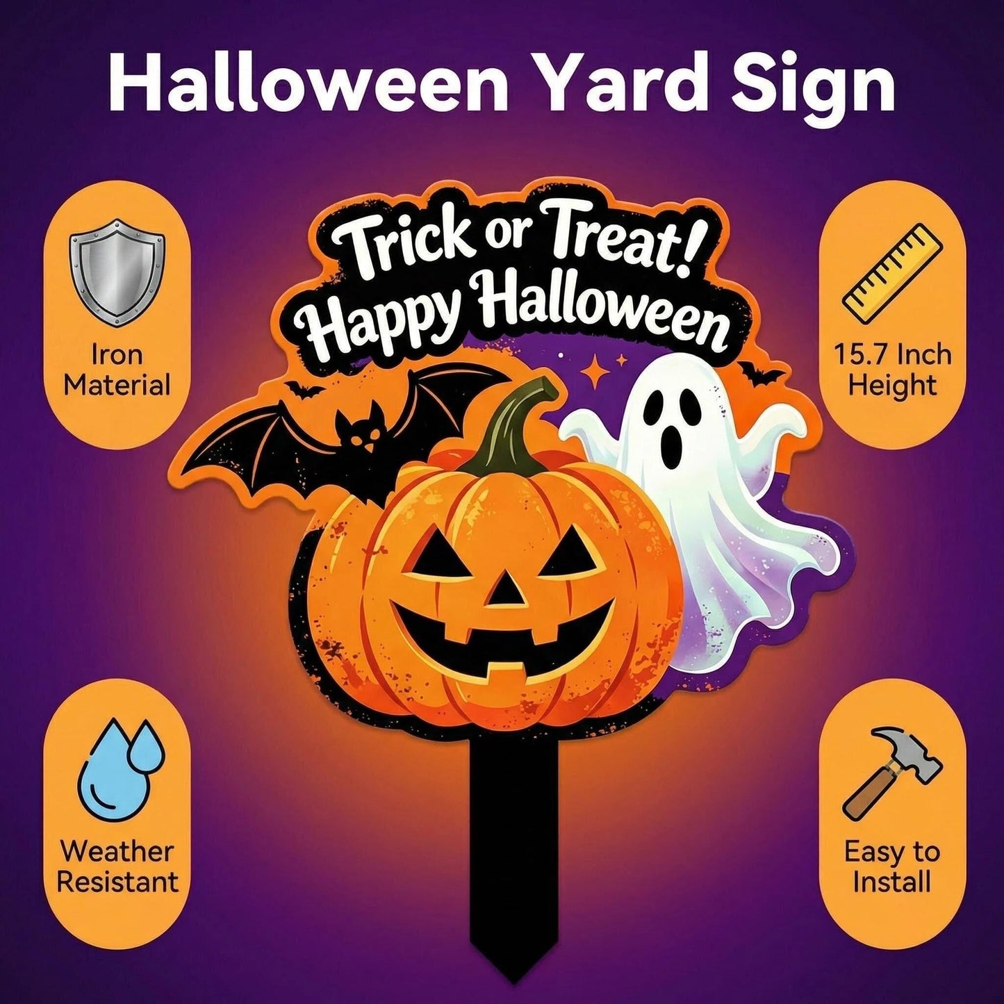 Bekecidi Halloween Metal Yard Sign, 15.7 x 11.8 Inches Trick or Treat Pumpkin Ghost Decor, Iron Lawn Stake with Straight Ground Insert for Outdoor Garden Decorations