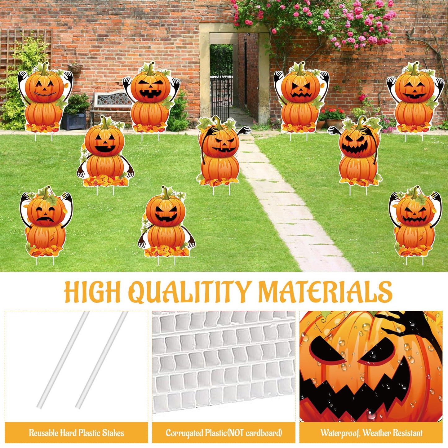 DECEED 10 PCS Halloween Pumpkin Yard Signs with Stakes, Waterproof Pumpkin Ghost Lawn Signs, Trick or Treat Party Garden Outdoor Decorations, 10 Cute Scary Styles