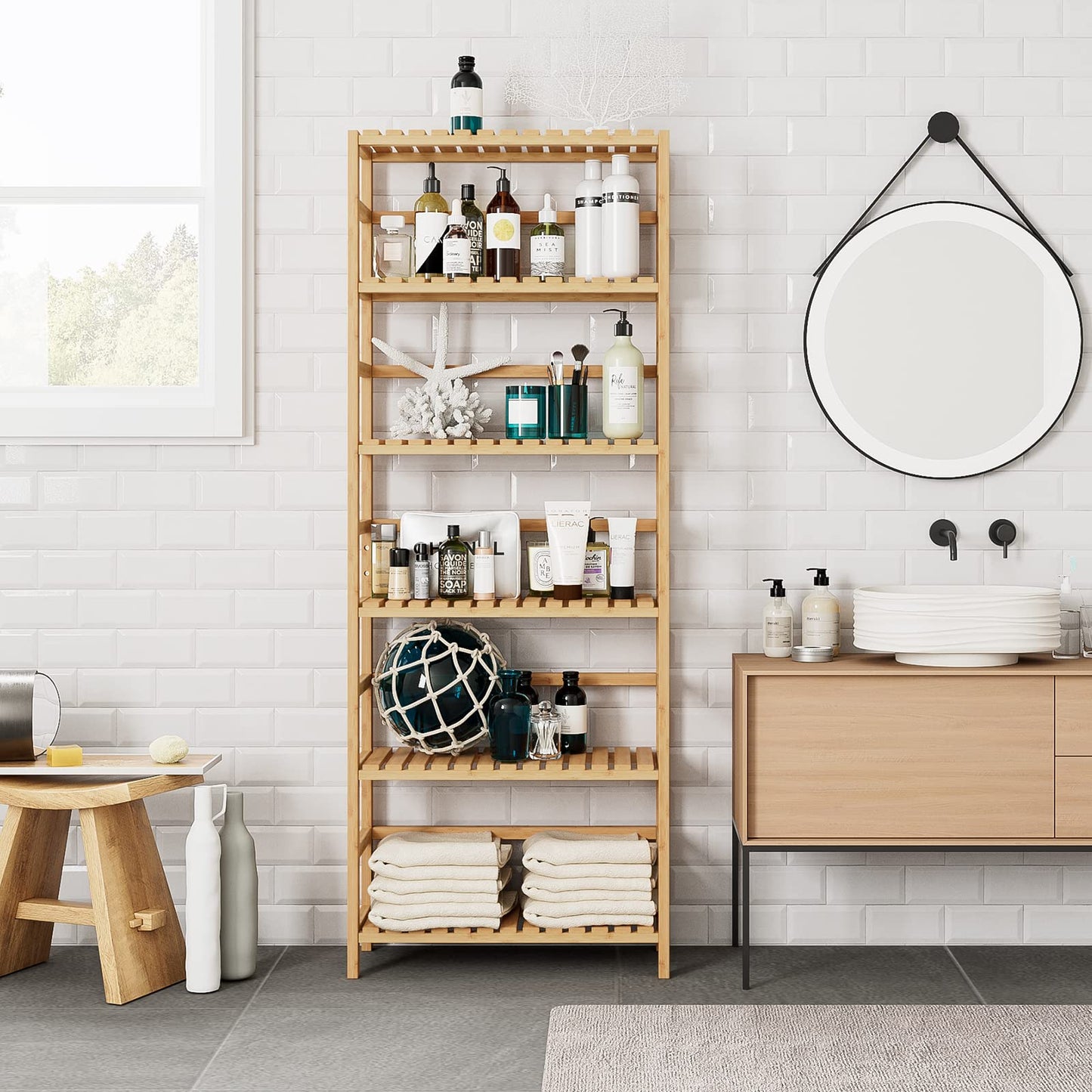 Bamjoy Bamboo Shelf, 6 Tier Bookcase Storage Shelves, Tall Book Rack Shelving Unit, Multipurpose Storage Display Shelf Adjustable Storage Rack for Bathroom Home Office Living Room Kitchen, Natural