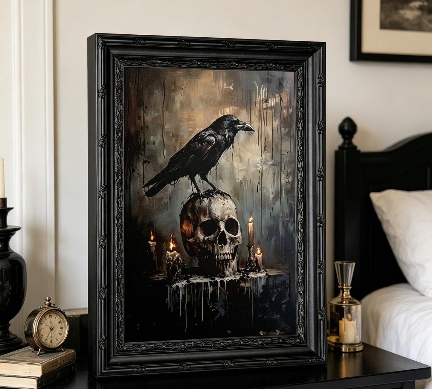 Gothic Crow & Skull Wall Art, Dark Academia Raven Perched on Skull Framed Canvas Wall Decor, Macabre Halloween Art for Home, Living Room, Bedroom, 9x11 Inch