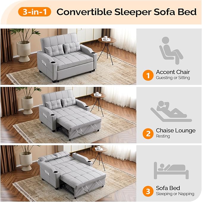 VINGLI Light Grey Futon Sofa Bed Convertible Loveseat Sleeper Couch, Faux
