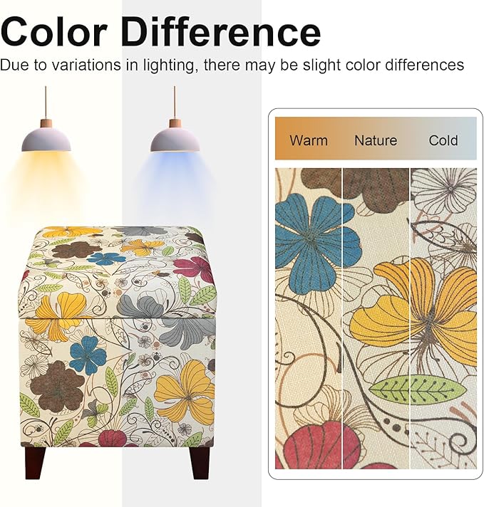 Adeco 18 Inch High Cube Ottoman Storage, Floral Printed Linen Chair Foot Stools
